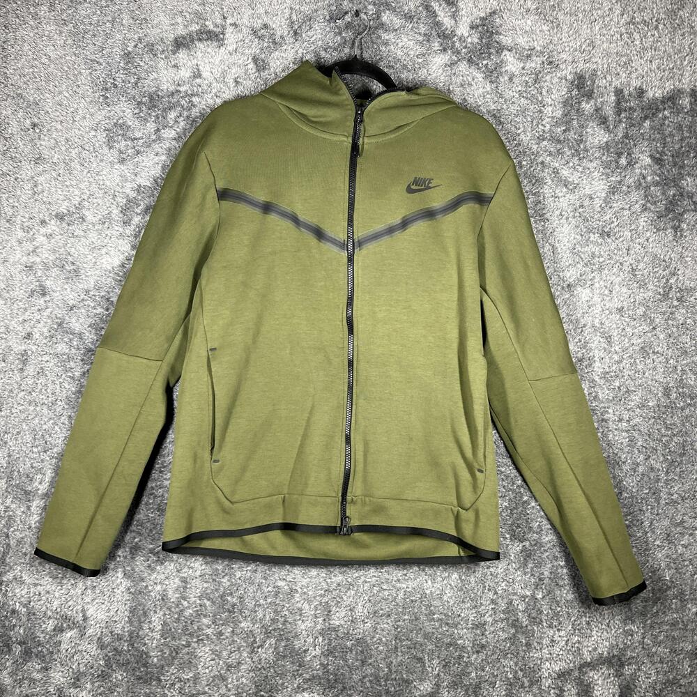 Nike Tech Hoodie Mens L Green Full Zip Hooded Pockets Lightweight Fleece